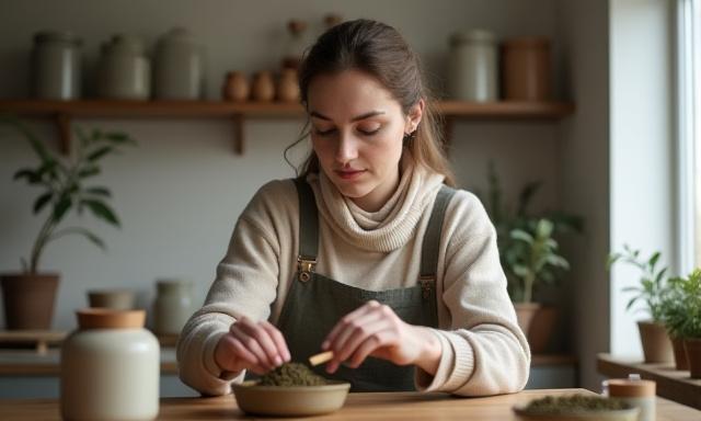 Teen asiantuntija valmistamassa teetä rauhallisessa ympäristössä