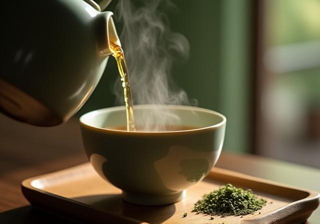 Perinteinen teen kaato ja höyryävä teekuppi